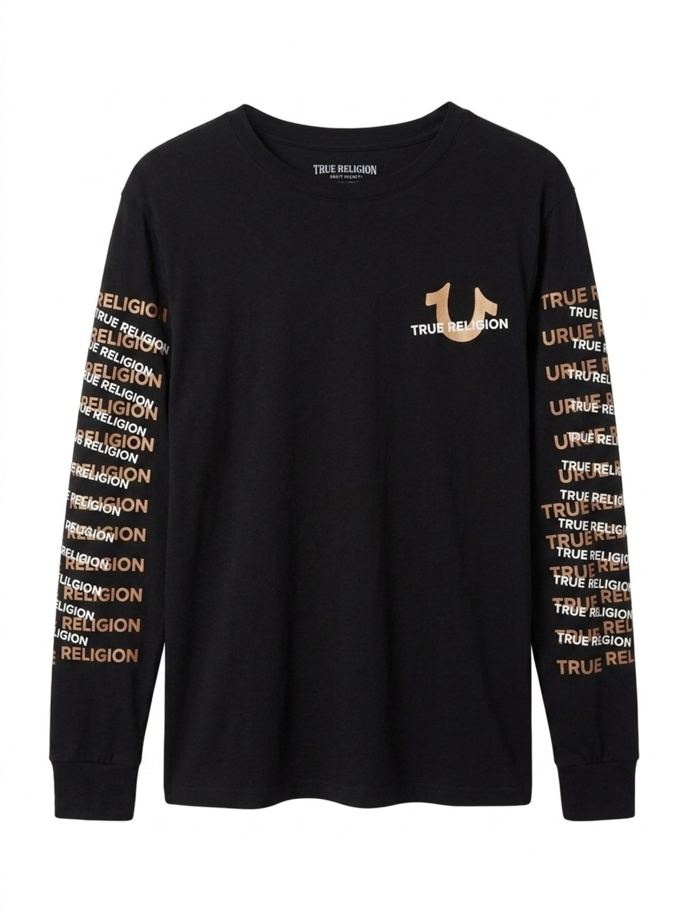 True Religion Black Long Sleeve Logo Tee with Gold Print